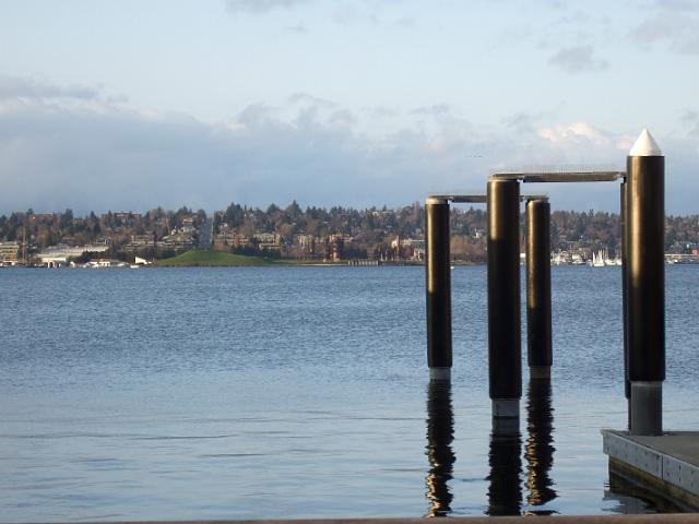 DSCF0341 Some black pillers in the water with Gas Works Park on the other side of the lake.